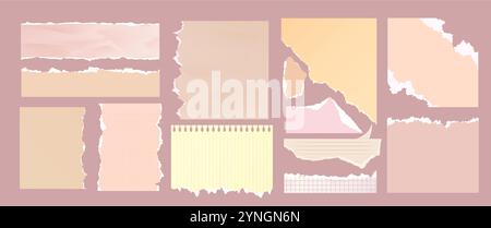 Ripped paper pieces set isolated on beige background. Vector realistic illustration of blank torn notepad pages with uneven edges, empty notebook sheets for message, yellow and pink memory notes Stock Vector