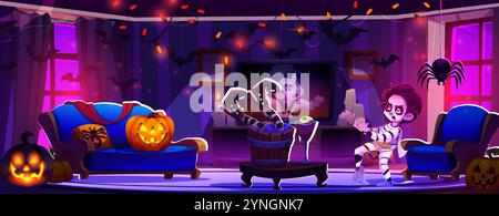 Spooky Halloween decorated living room with child in mummy costume. Glowing pumpkins decorate blue furniture, garland with flying bats and spider hang above. Purple moonlight streams through windows. Stock Vector