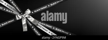 Dark ribbons decorated with Black Friday text joined by elegant silver bow at center. Realistic 3d tape with sale sign for seasonal promotion banner and upscale shopping events announcement. Stock Vector