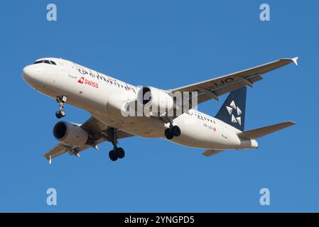 SAINT PETERSBURG, RUSSIA - MARCH 20, 2016: Swiss International Air Lines Airbus A320-214 (HB-IJO) aircraft before landing at Pulkovo Airport Stock Photo