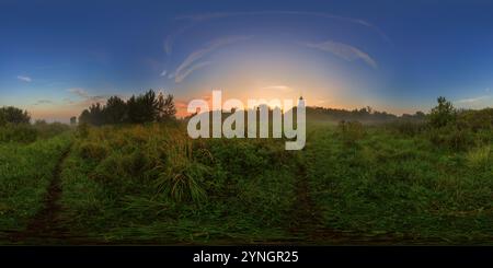 360 degree panoramic view of Foggy sunrise on meadow full spherical panorama. 360 by 180 degree angle of view in equirectangular projection. May be used in virtual reality or 3D-g