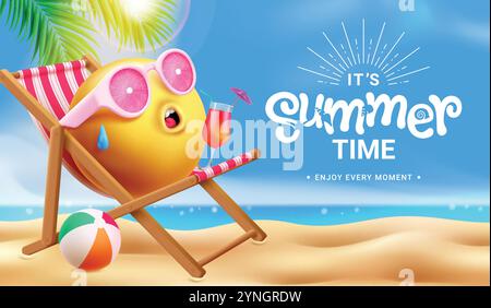 Summer time greeting emoji clipart background design. It's summer time text with cute emoji character sitting on beach chair wearing pink sunglasses Stock Vector