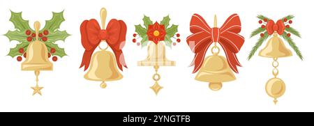 Vector set of golden Christmas bells with red ribbons, leaves and floral decorations isolated from background in cartoon style. Geometric festive bell Stock Vector