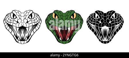 Vector set of evil snake heads in color, monochrome and outline style. Symbol of 2025 Chinese New Year. Serpents collection for icons. Stock Vector