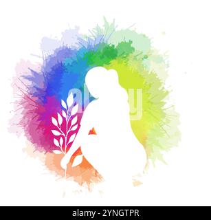 Vector illustration of white silhouette of woman planting on rainbow watercolor splashes. Woman volunteer cultivate greenery. Environmental conservati Stock Vector