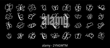 Set of butterflies drawing by pastel or charcoal pencil. White chalk line butterfly simple element on black chalkboard background. Like children's Stock Vector