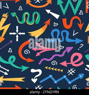 Playful arrows seamless pattern. Color curved pointers. Hand drawn dotted cursors. Wavy, zigzag and rounded shapes. Navigation symbols. Repeated print Stock Vector