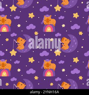 Capybaras seamless pattern. Cute funny animals. Good night elements. Repeated print. Exotic biggest cartoon rodents fishing from crescent. Moon sky. C Stock Vector
