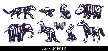 Cartoon animal skeletons. Halloween mystic fauna. Dia de los muertos mammals. Black silhouettes with bones inside. Dead kangaroo. Elephant floral skul Stock Vector