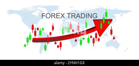 concept of forex trading A prominent red upward-trending arrow, signifying growth and profitability Overlaid on the map are green and red candlestick Stock Vector
