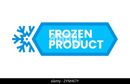 Frozen product label with snowflake or ice on blue badge for food package, vector icon. Frozen product badge for fresh meat, fish and seafood of refrigerated food to package symbol or instruction Stock Vector