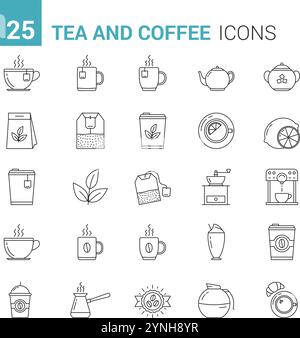 25 Tea and coffee line icons, vector eps10 illustration Stock Vector