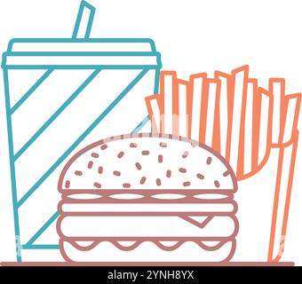 Fast Food colored line icon - drink, french fries and burger, vector eps10 illustration Stock Vector