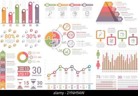 Infographic elements - bar and line graphs, process, steps, options, people infographics, pyramid, percents, vector eps10 illustration Stock Vector