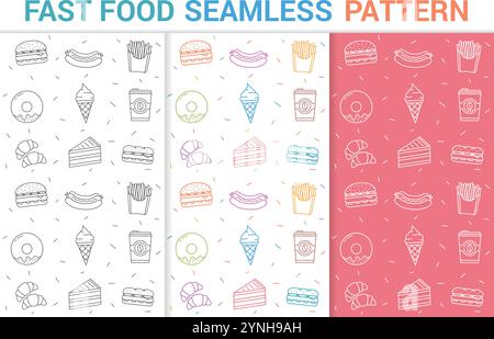Seamless pattern with fast food line icons, 3 versions - grey icons, colored icons and white icons on red background Stock Vector