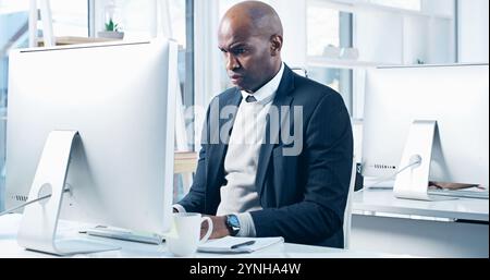 Doubt, business man and office with computer error, confused and glitch on investment deal. Problem, anxiety and investor mistake with stock market Stock Photo