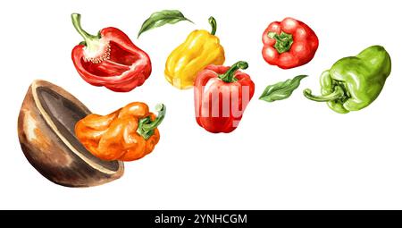 Multicolored Sweet bell pepper, Paprika, in the bowl. Watercolor hand painted illustration isolated on white background Stock Photo