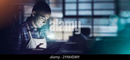 Male person, tablet and hologram in sustainability for ecommerce, digital checklist and logistics. Night, technology and banner in power outage Stock Photo