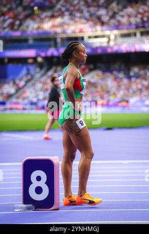 Fatoumata Binta Diallo participating in the 400 meters hurdles at the Paris 2024 Olympic Games. Stock Photo