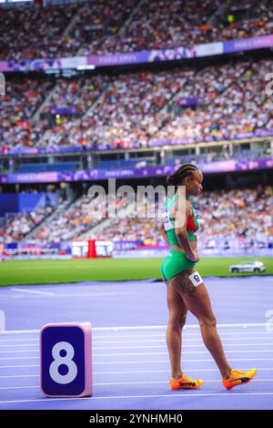 Fatoumata Binta Diallo participating in the 400 meters hurdles at the Paris 2024 Olympic Games. Stock Photo