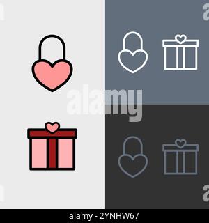 Love heart lock and present - clean and modern valentines day icon set. Stock Vector