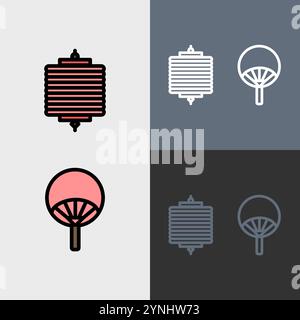 Chinese lantern and fan - clean and modern chinese or chinese new year icon set. Stock Vector