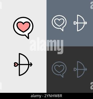 Love message bubble and bow and arrow - clean and modern valentines day icon set. Stock Vector