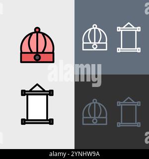 Chinese traditional hat and scroll - clean and modern chinese or chinese new year icon set. Stock Vector