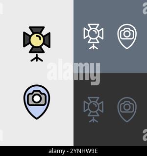 Studio lights and photography location - clean and modern Photography and videography icon set. Stock Vector