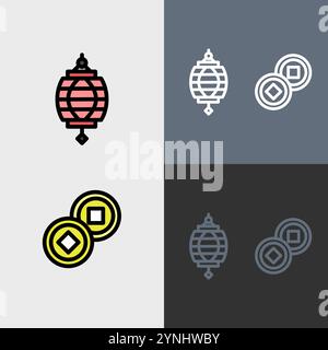 Chinese lantern and traditional coin - clean and modern chinese or chinese new year icon set. Stock Vector