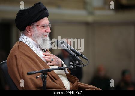 November 25, 2024, Tehran, Iran: Iranian Supreme Leader Ayatollah ALI KHAMENEI speaks during his meeting with the paramilitary Basij force members in Tehran. The Basij, associated with the Revolutionary Guards, are fervent supporters of the Islamic regime in Iran. (Credit Image: © Iranian Supreme Leader'S Office via ZUMA Press Wire) EDITORIAL USAGE ONLY! Not for Commercial USAGE! Stock Photo