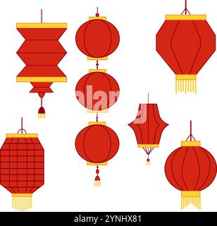 Collection of Chinese red Lanterns vector graphic set. Chinese New Year, Mid Autumn Festival background, banner and greeting card. Flat minimalist geo Stock Vector