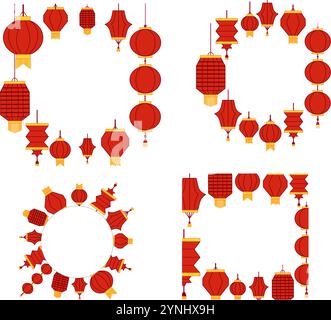 Happy Chinese new year festival red lantern circle round frame set. Graphic Vector illustration design for Poster, Banner, Greeting, Card, Flyer, Cove Stock Vector