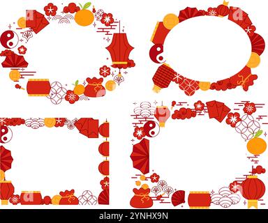 Chinese New Year oval frames set in red, gold and white colors for cover, card, poster, banner. Vector graphic illustration Stock Vector