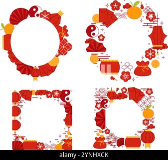 Chinese Lunar New Year illustration set. circle round frames templates vector graphic set Stock Vector