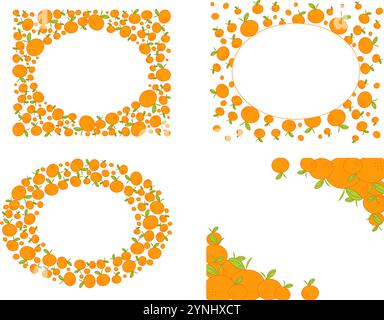 mandarin orange oval frame set. Simple illustration of a citrus and cross section. Seasonal fruit decoration. Vector, graphic logo text material. Stock Vector
