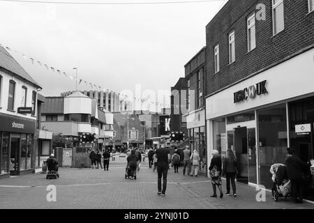 Poole, Dorset, England. 2nd October 2024. Grayscale view of the busy High Street. Stock Photo