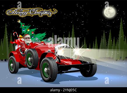 Vector Christmas poster with Santa Claus drives a vintage car with gifts through the winter forest at night. Available EPS-10 vector format separated Stock Vector