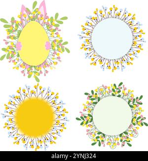 Round Floral frames and egg shape frame with Easter bunny hiding behind. Set 4 Copy space Template. Isolated Vector illustration Easter greeting, Thematic Cards, posting, leaflet, banner or web promo Stock Vector