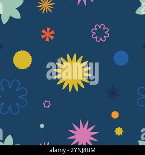 A Colorful Abstract Seamless Pattern Featuring Various Shapes Set Against a Dark Background Stock Vector