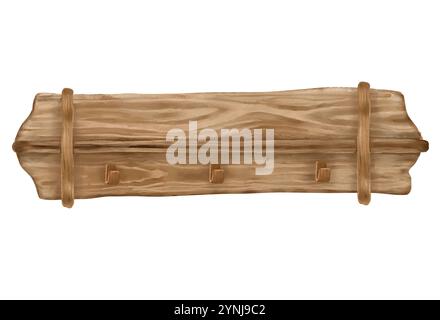 Wooden shelf hanger with light brown wood texture Watercolor digital illustration. Empty wooden shelf with hooks on the wall isolated on white backgro Stock Photo
