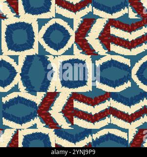 Vibrant geometric seamless pattern showcases dark blue and red shapes. Ethnic hand made background Stock Vector