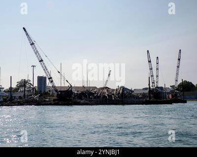 wood logs on pier in greenport harbor port long island new york view panorama Stock Photo