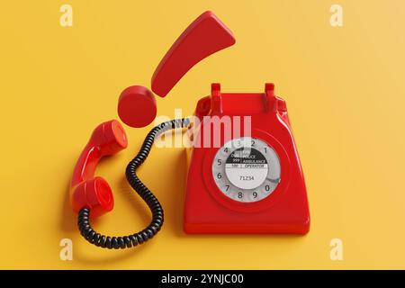 Retro red telephone with an exclamation mark next to the headset on a yellow background. Illustration of the concept of phone scam Stock Photo