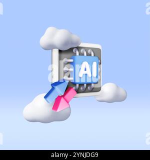 3d AI Chip with arrows in clouds. Stock Vector