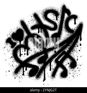 Music text graffiti sprayed in black on white with music symbols Stock Vector