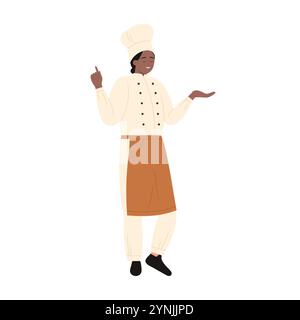 Woman in uniform, apron and chefs hat smiling and pointing upward vector illustration Stock Vector
