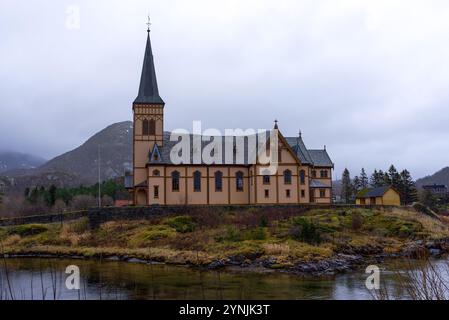 Vagan Church, also called Lofoten Cathedral in the village of Kabelvag, Lofoten islands, Nordland, Norway on a cloudy and rainy autumn day Stock Photo