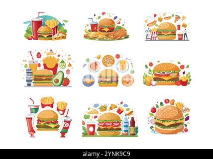 Fast food vector illustration featuring burgers, fries, drinks, and combos with classic ingredients like lettuce, tomato, cheese, and buns, perfect fo Stock Vector