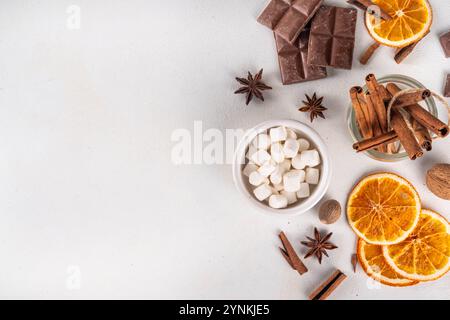 Ingredients for making hot chocolate, traditional winter cocoa tasty drink. Chocolate pieces, cocoa powder, milk, marshmallows, spices, cinnamon, nuts Stock Photo